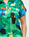 Satin Dolman Print Button Down Top And Shorts Set