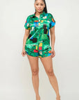 Satin Dolman Print Button Down Top And Shorts Set