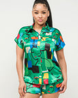 Satin Dolman Print Button Down Top And Shorts Set