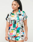 Satin Dolman Print Button Down Top And Shorts Set