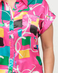 Satin Dolman Print Button Down Top And Shorts Set