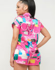 Satin Dolman Print Button Down Top And Shorts Set