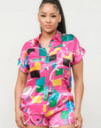 Satin Dolman Print Button Down Top And Shorts Set