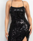 Sequin Back-crisscross Tie Slit Dress