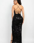 Sequin Back-crisscross Tie Slit Dress