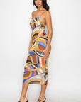 Crossed Back Marble Print Multicolor Midi Dress
