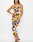 Crossed Back Marble Print Multicolor Midi Dress