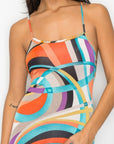 Crossed Back Marble Print Multicolor Midi Dress