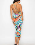 Crossed Back Marble Print Multicolor Midi Dress