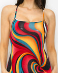 Crossed Back Marble Print Multicolor Midi Dress