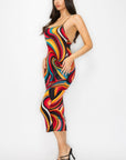 Crossed Back Marble Print Multicolor Midi Dress