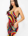 Crossed Back Marble Print Multicolor Midi Dress