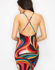 Crossed Back Marble Print Multicolor Midi Dress