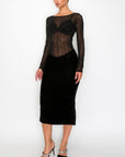 Velvet Sheer Contrast Holiday Midi Dress