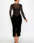Velvet Sheer Contrast Holiday Midi Dress