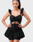 Sweetheart With Drawstring Bow Cutout Ruffled Flutter Sleeves Mini Dress