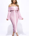 Ruffled Fabric Off Shoulder Midi Dress With Flared Sleeve