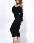 Ruffled Fabric Off Shoulder Midi Dress With Flared Sleeve