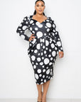 Polka Dot Drop Waist Ruched Midi Dress