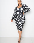 Polka Dot Drop Waist Ruched Midi Dress