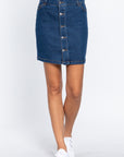 Buttoned Stretch Denim Mini Skirt