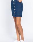 Buttoned Stretch Denim Mini Skirt