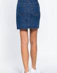 Buttoned Stretch Denim Mini Skirt