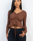 Ribbed Drawstring Front Long Sleeve Peplum Top