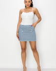 Button Frayed Denim Mini Skirt