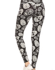 Long Yoga Style Banded Lined Skull Printed Knit Legging With High Waist