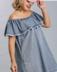 Off Shoulder Ruffled Denim Dress With Frayed Hem & Pockets