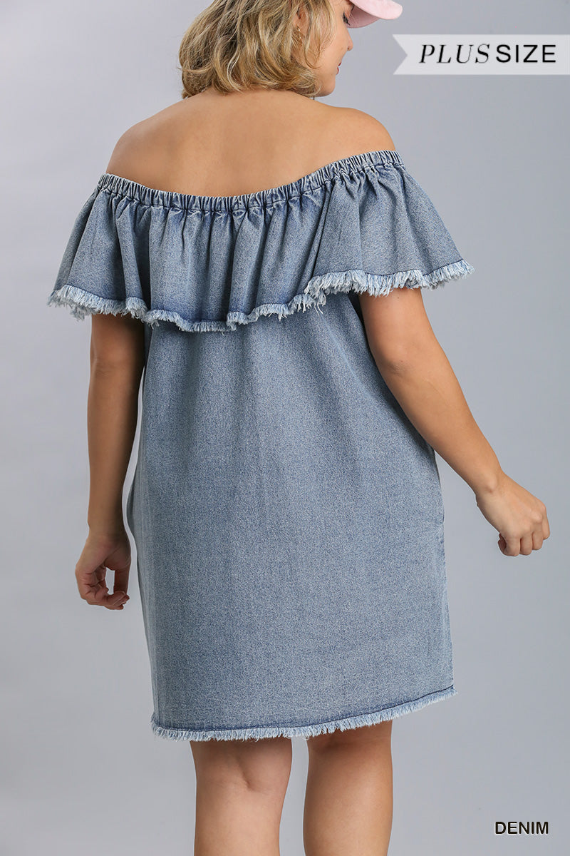 Off Shoulder Ruffled Denim Dress With Frayed Hem &amp; Pockets