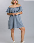 Off Shoulder Ruffled Denim Dress With Frayed Hem & Pockets