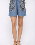 Denim And Print Pockets Elastic Waist Shorts With Raw Hem