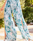 Back Elastic Waist Band Side Pockets Pleat Side Open Slit Tropical Print Pants