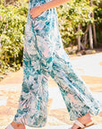 Back Elastic Waist Band Side Pockets Pleat Side Open Slit Tropical Print Pants