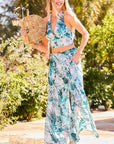 Back Elastic Waist Band Side Pockets Pleat Side Open Slit Tropical Print Pants