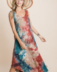 Tie Dye Ribbed Brush Sleeveless Flowy Asymmetrical Hem Midi Dress