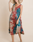 Tie Dye Ribbed Brush Sleeveless Flowy Asymmetrical Hem Midi Dress