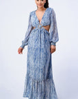 Printed V Neck Self Belted Side Cut Out Ruffled Maxi Dress
