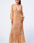 Printed V Neck Self Belted Side Cut Out Ruffled Maxi Dress