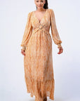 Printed V Neck Self Belted Side Cut Out Ruffled Maxi Dress