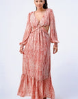Printed V Neck Self Belted Side Cut Out Ruffled Maxi Dress
