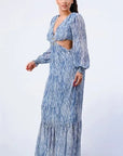 Printed V Neck Self Belted Side Cut Out Ruffled Maxi Dress