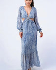 Printed V Neck Self Belted Side Cut Out Ruffled Maxi Dress