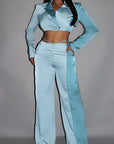 Colorblock Crop Blazer With Matching Low Rise Wide Leg Pant Set With Pockets