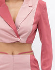 Colorblock Crop Blazer With Matching Low Rise Wide Leg Pant Set With Pockets