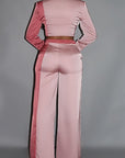 Colorblock Crop Blazer With Matching Low Rise Wide Leg Pant Set With Pockets