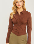 Woven Solid Ruched Front Long Sleeve