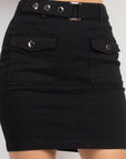 Belted Pocket Solid Mini Skirt